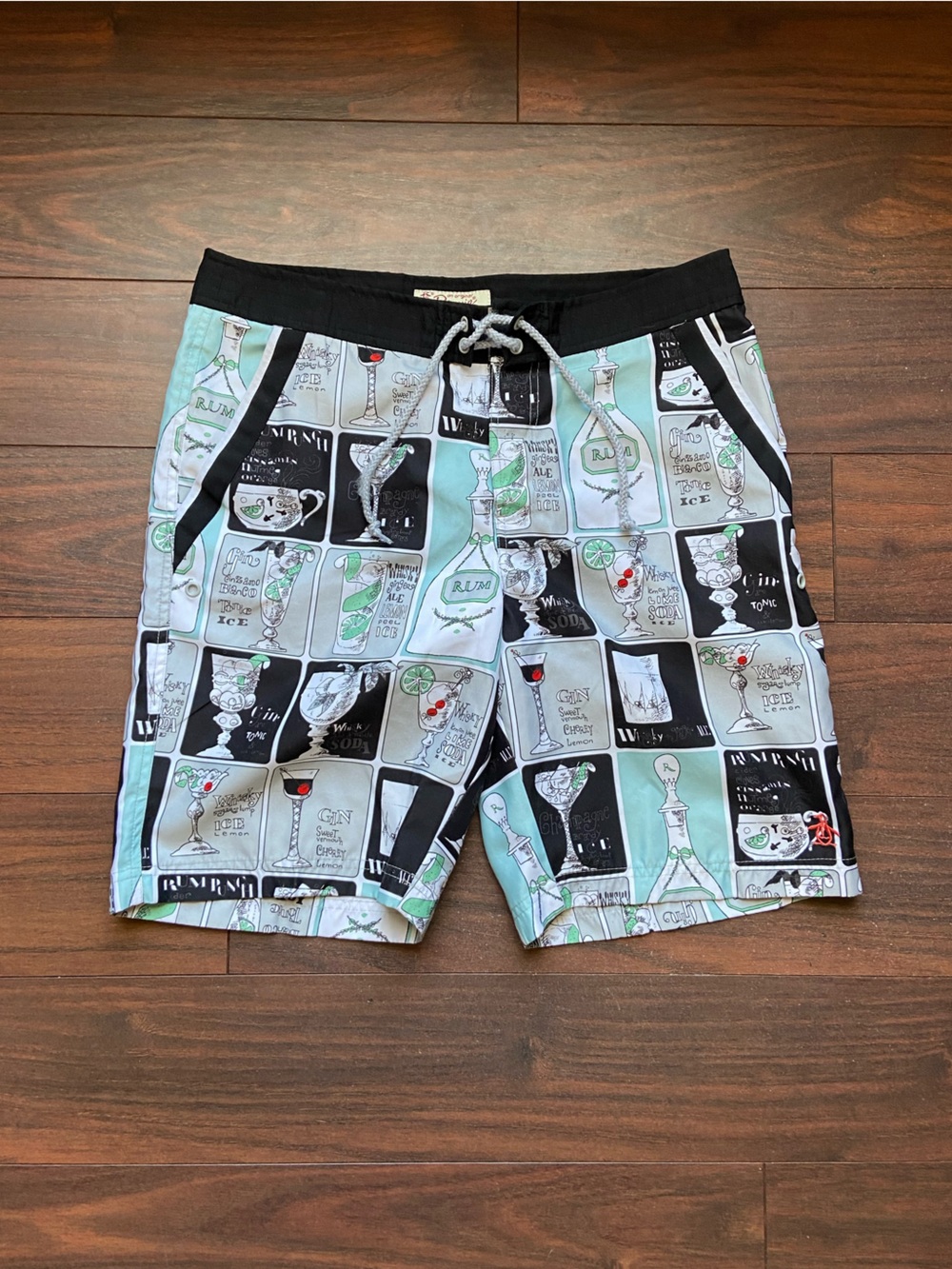 SWIM TRUNKS COCKTAIL DRINKS NOVELTY PRINT BEACH POOL TEAL BLACK WITH POCKETS 32